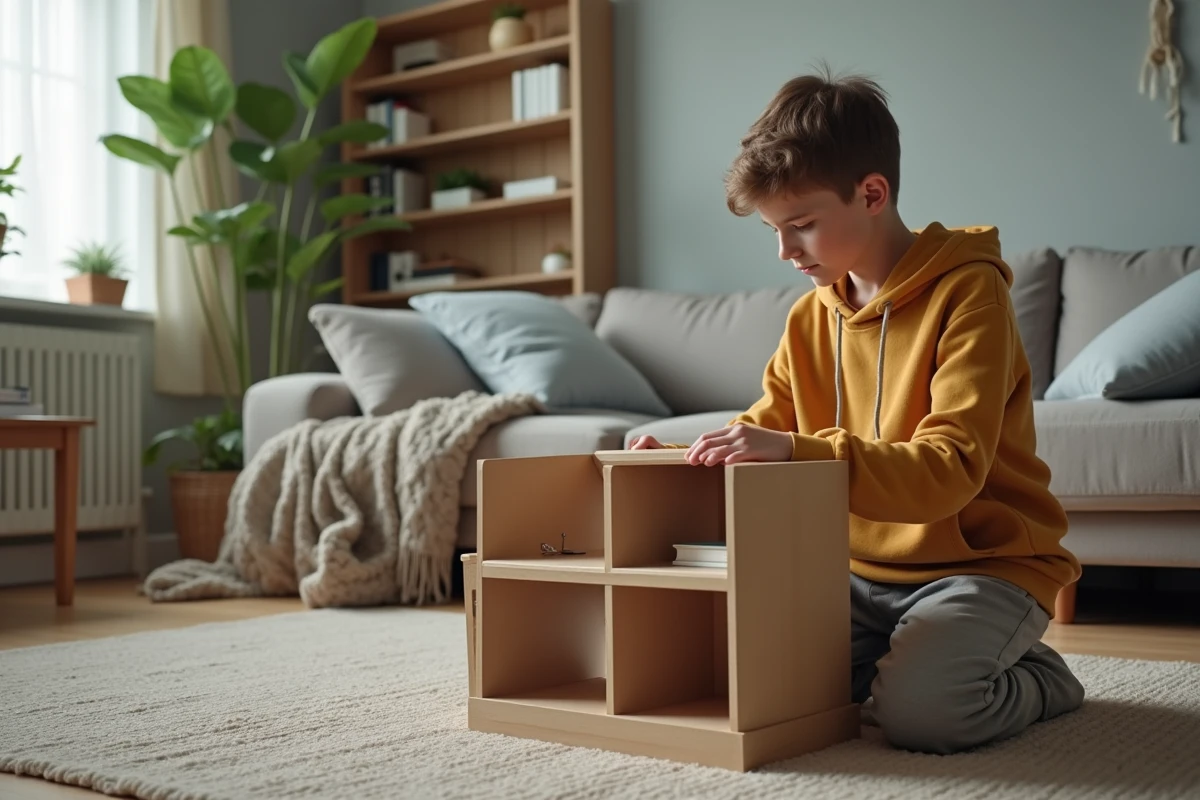 Adolescent assemble une petite étagère dans le salon