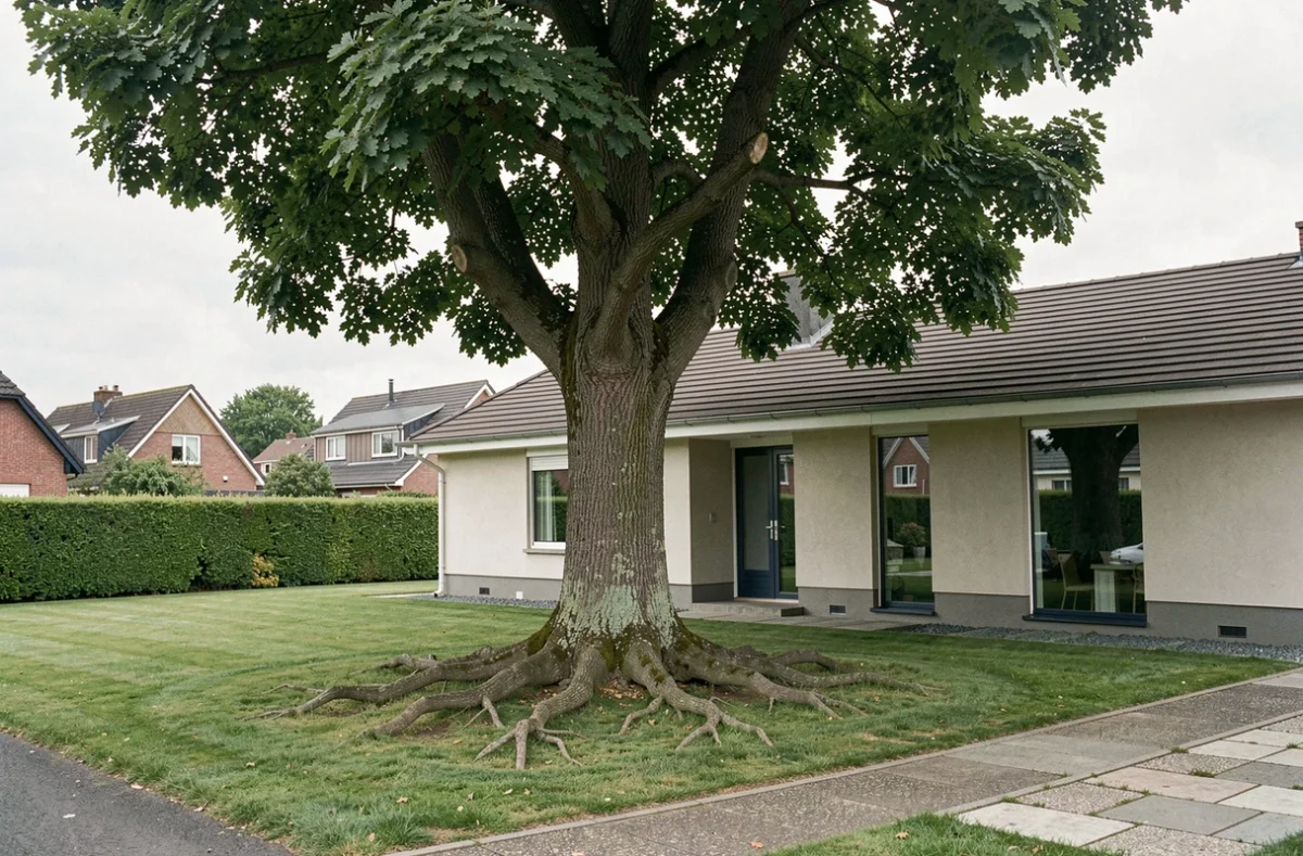 Grand arbre feuillu aux racines apparentes planté à bonne distance d'une maison moderne de plain-pied dans un quartier résidentiel