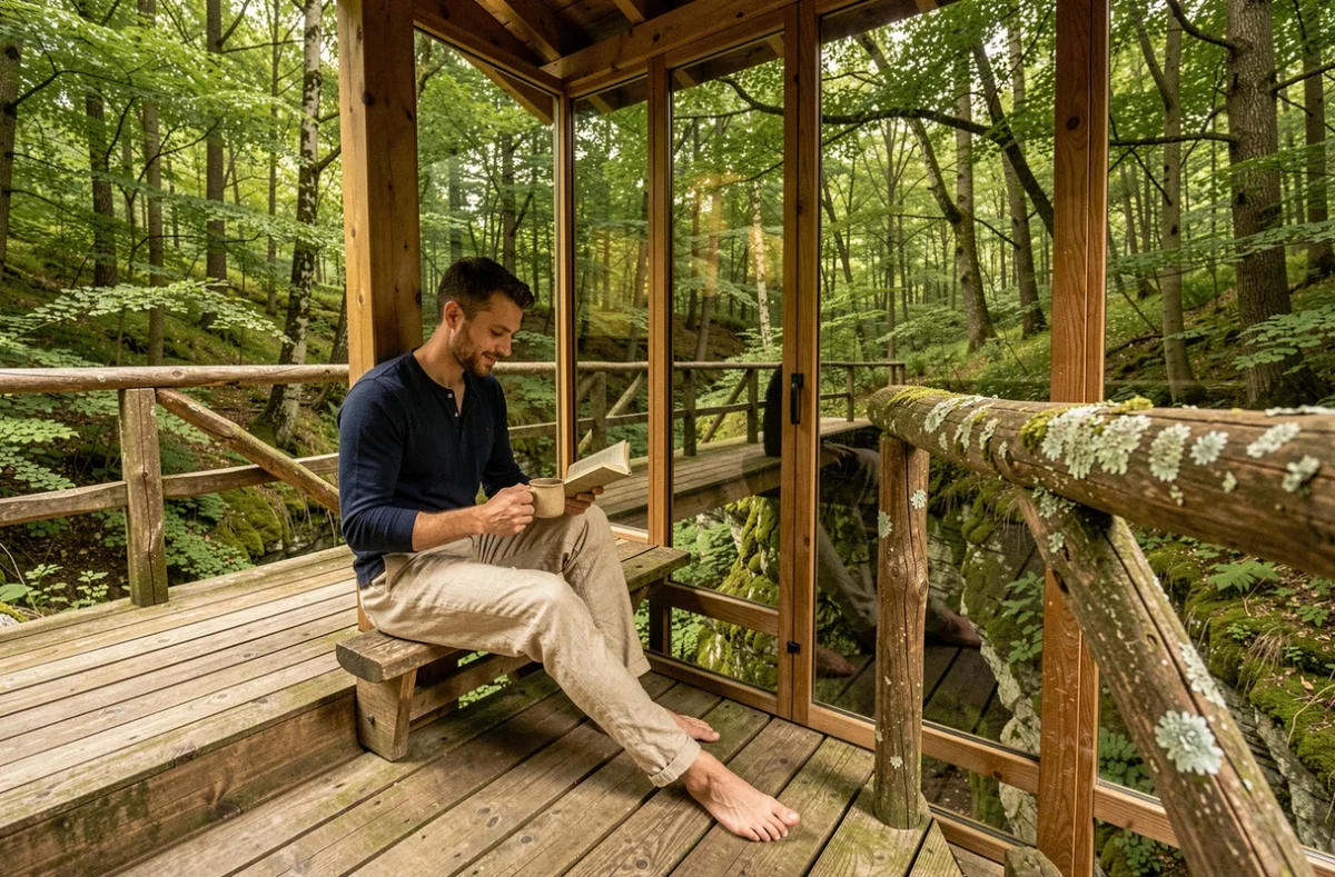 Hébergement insolite en cabane dans les arbres en Dordogne avec un homme lisant sur la terrasse en bois suspendue au-dessus de la forêt