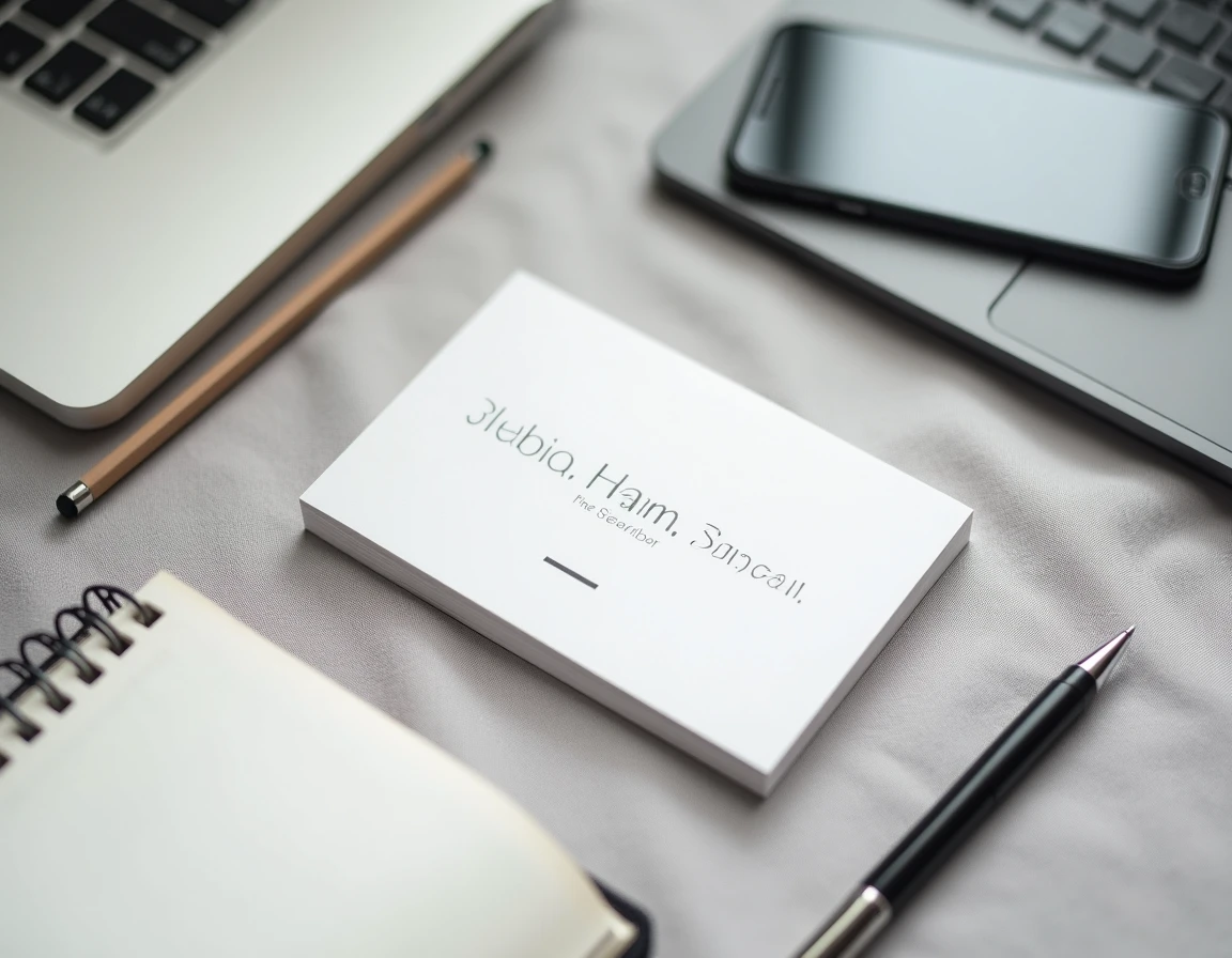 Vue aérienne d'une carte de visite professionnelle posée sur un bureau avec carnet et stylo, conseils pour France Travail