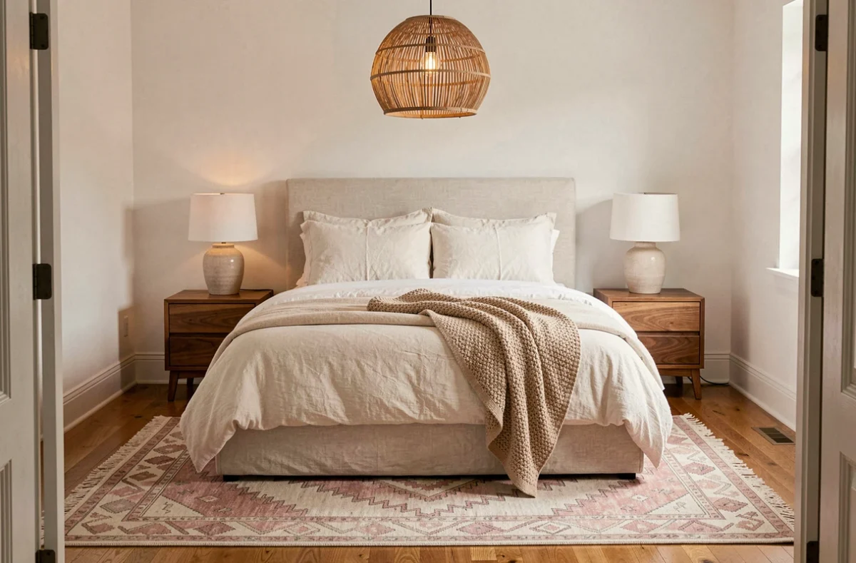Chambre à coucher élégante avec literie en lin, tapis marocain et luminaire en rotin pour une décoration intérieure apaisante et tendance