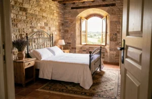 Chambre d'hôtel de charme en Provence avec murs en pierre apparente, lit en fer forgé et fenêtre donnant sur la campagne provençale