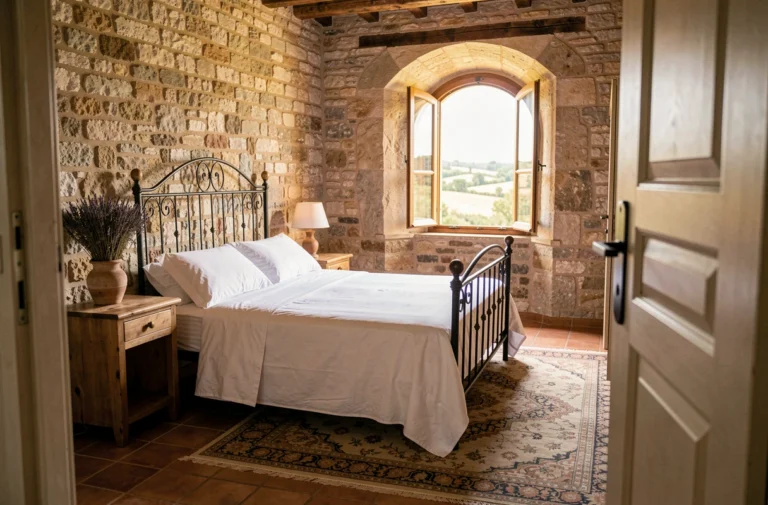 Chambre d'hôtel de charme en Provence avec murs en pierre apparente, lit en fer forgé et fenêtre donnant sur la campagne provençale