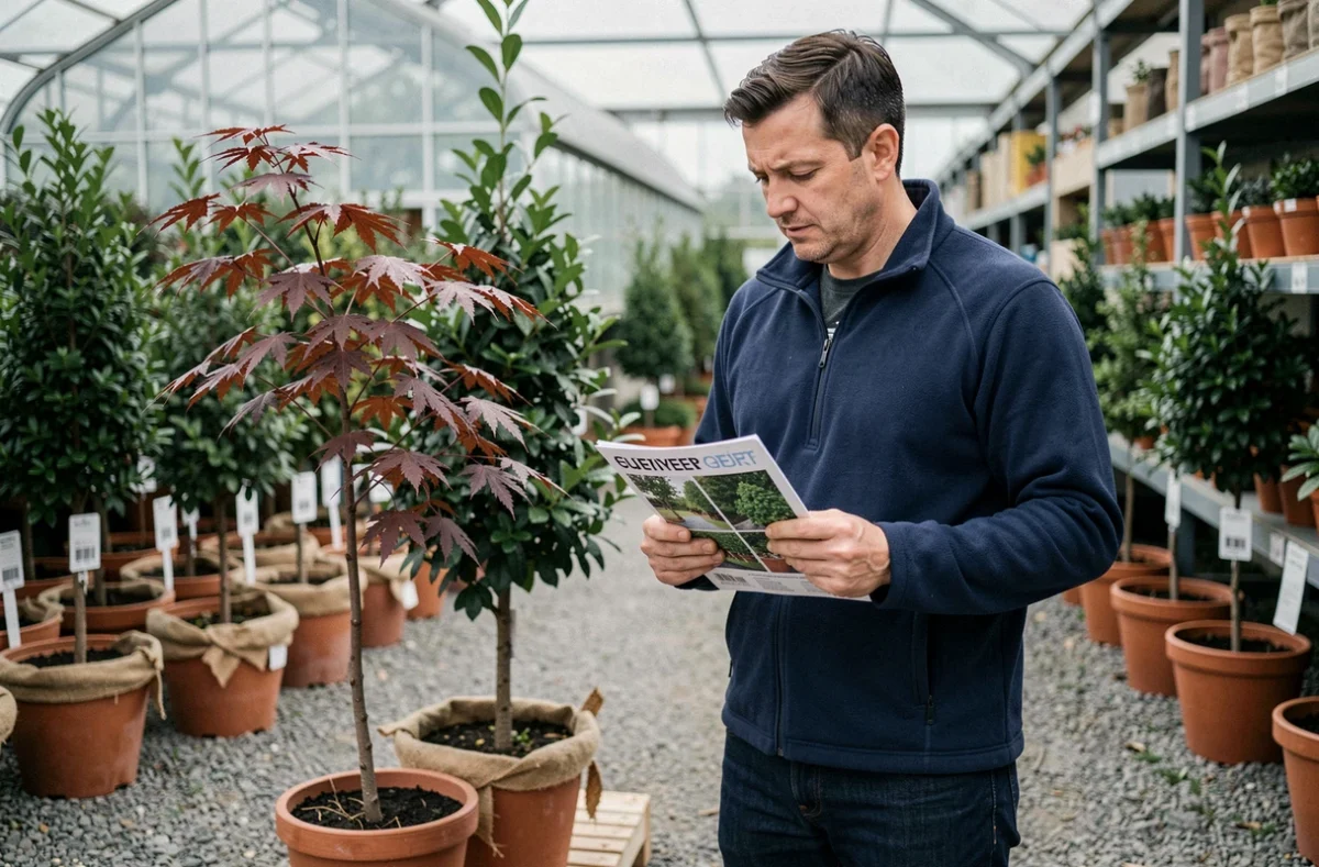 Homme comparant deux jeunes arbres en pot dans une jardinerie, tenant un guide de plantation pour choisir l'espèce adaptée à sa maison