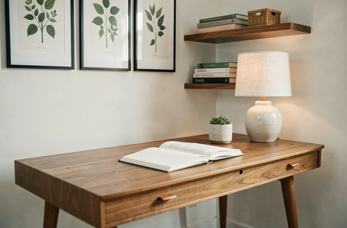 Coin bureau décoré avec bureau en bois mi-siècle, galerie de cadres botaniques et accessoires tendance pour la décoration intérieure