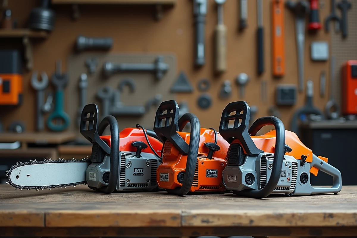 Comparatif de trois modèles de tronçonneuses posés sur un établi en bois dans un atelier