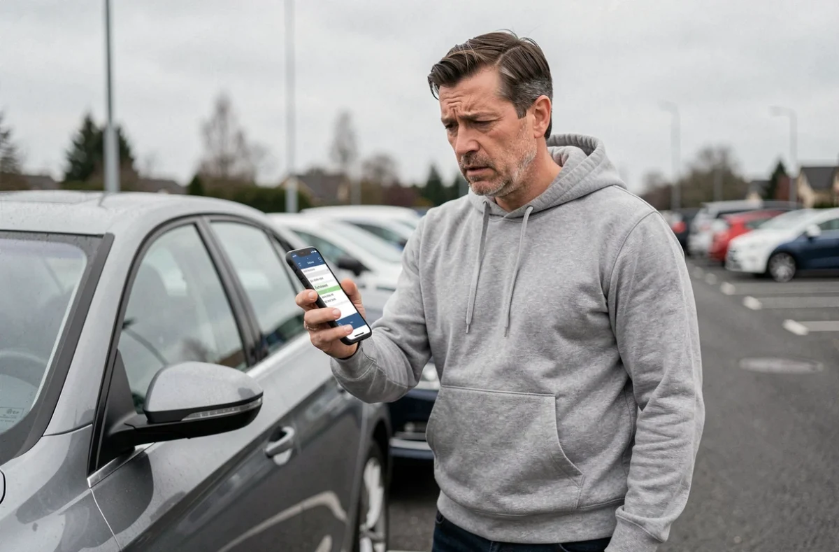 Conducteur inquiet consultant les codes d'erreur de sa boîte EAT8 sur une application de diagnostic mobile