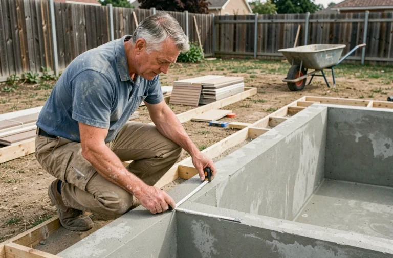Entrepreneur en construction de piscine examinant les murs en béton d'une piscine enterrée en cours de construction dans un jardin résidentiel