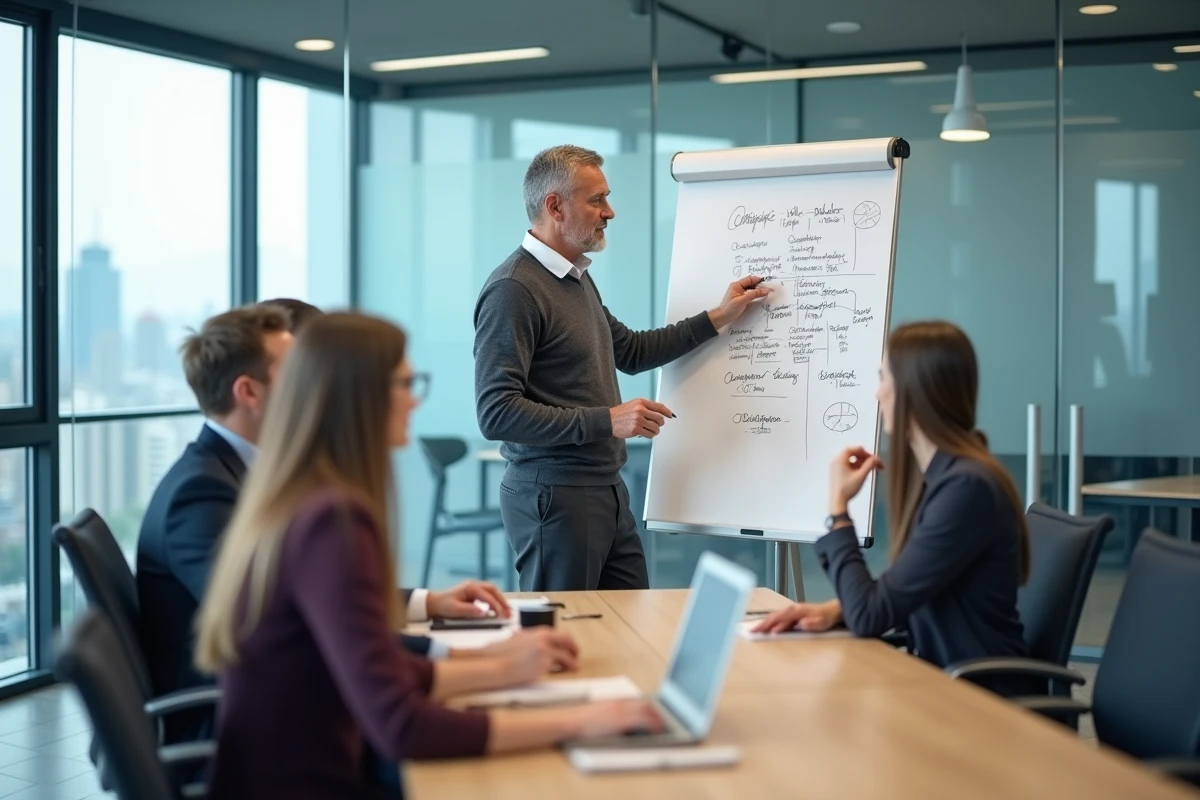 Consultant indépendant senior présentant ses services professionnels lors d'une réunion en salle de conférence moderne