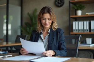 Consultante indépendante professionnelle analysant des documents de services dans un espace de co-working moderne