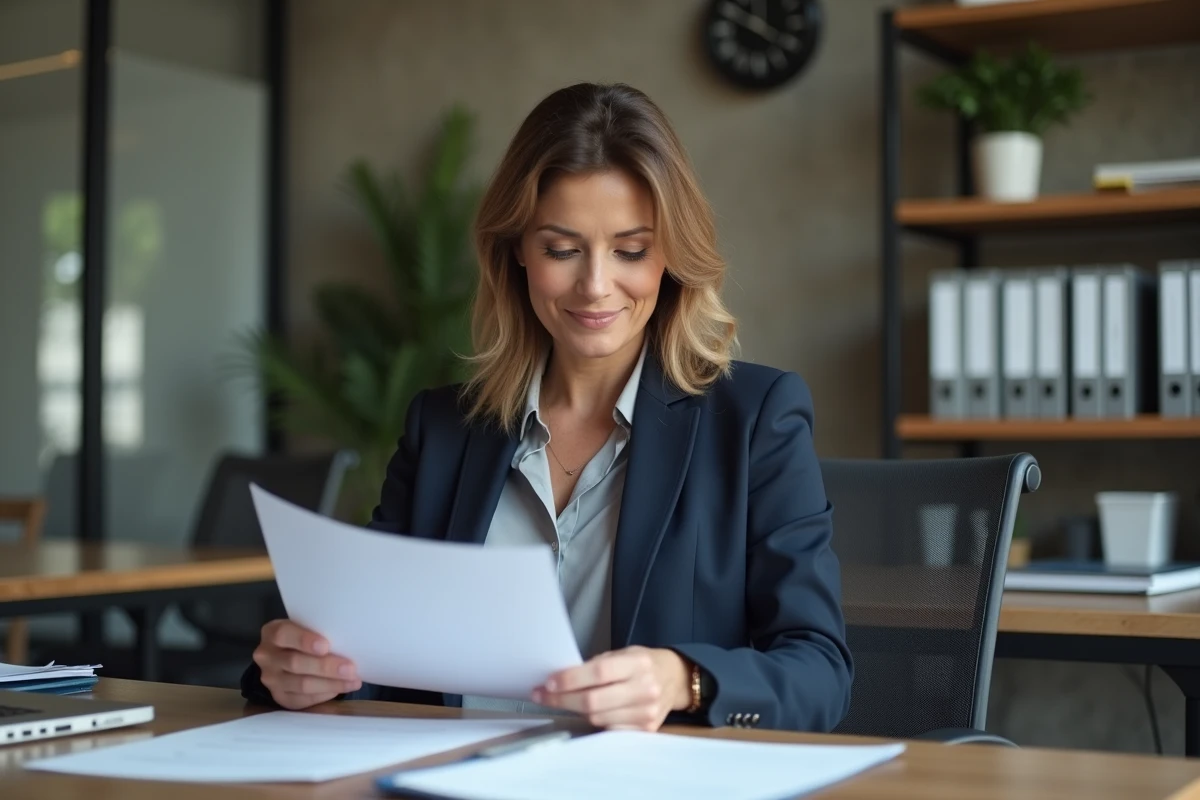 Consultante indépendante professionnelle analysant des documents de services dans un espace de co-working moderne