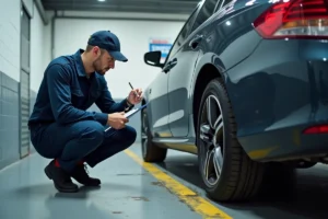 Contrôleur technique inspectant une voiture étrangère dans un centre de contrôle automobile agréé en France pour le passage aux mines