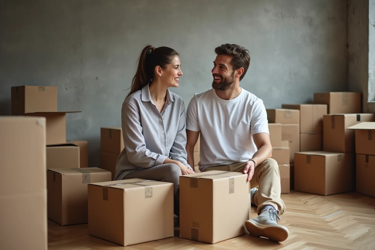 Couple entouré de cartons de déménagement étiquetés dans un appartement vide avec parquet en chevrons, prêts pour un déménagement sans stress