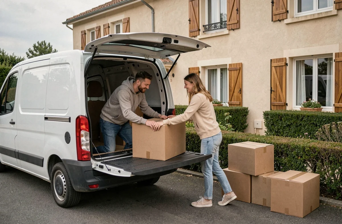 Couple chargeant des cartons sur le hayon d'un camion de location 20m3 devant une maison pavillonnaire