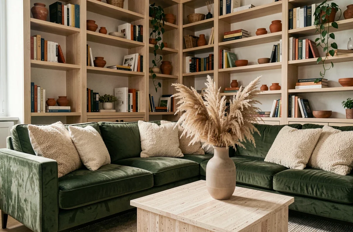 Salon décoré dans un style scandinave avec canapé en velours olive, table en travertin et bibliothèque en chêne blanc sur mesure