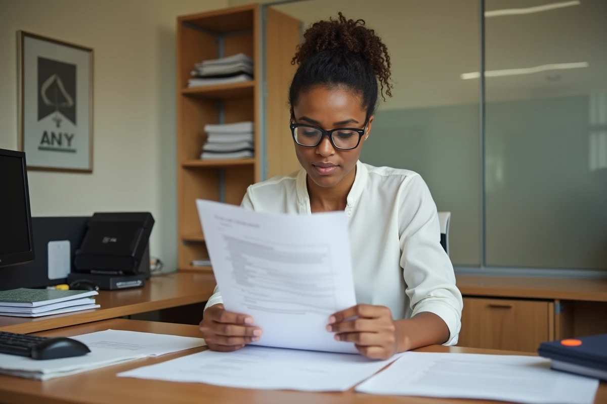 Femme consultant les documents administratifs pour l'immatriculation d'un véhicule étranger en préfecture française
