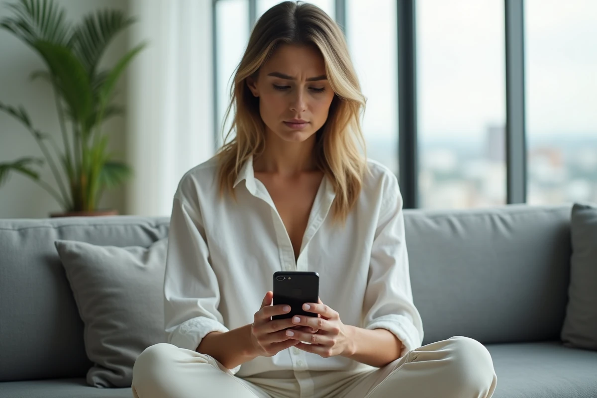 Femme consultant son smartphone pour résoudre un problème de connexion à l'application MyCitya