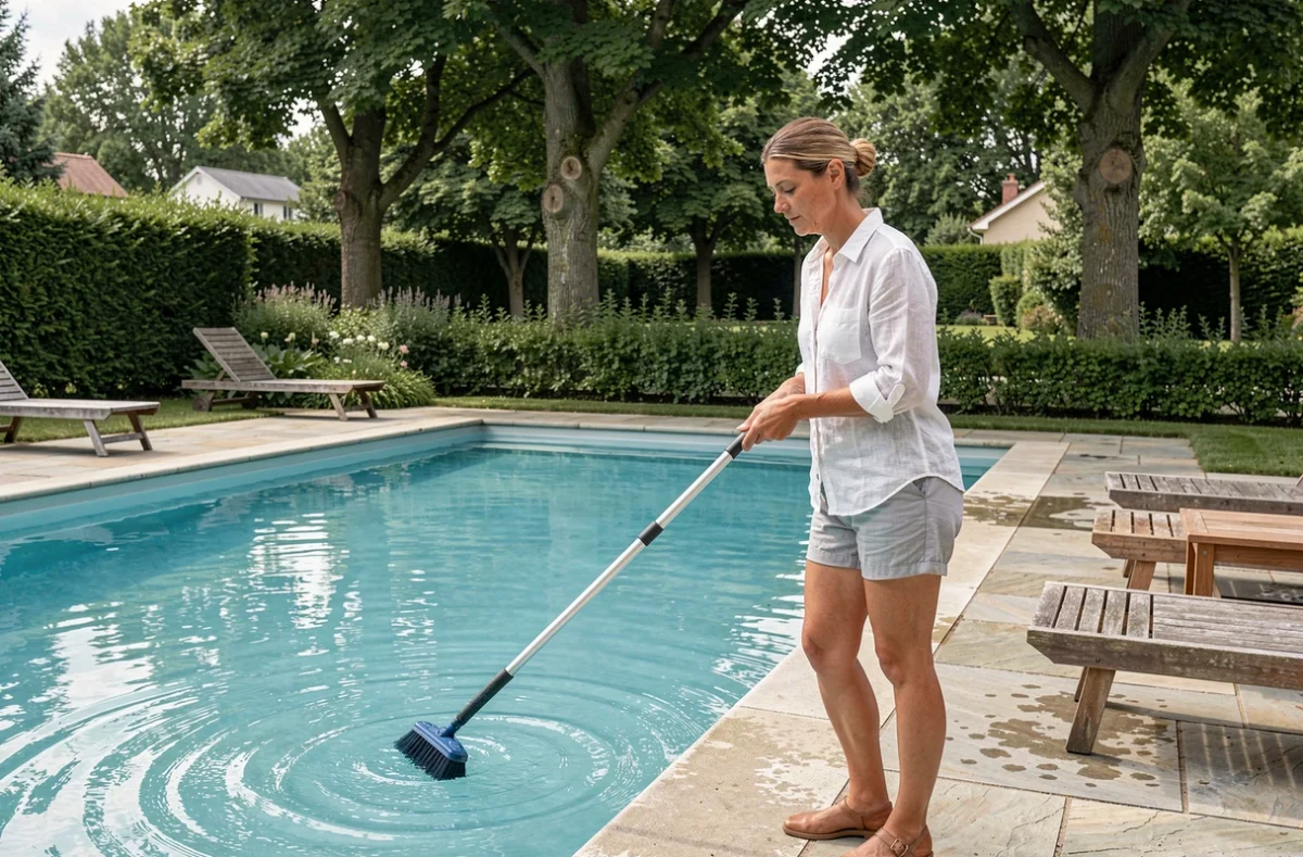 Femme entretenant les parois d'une piscine extérieure avec une brosse télescopique dans un jardin privé bien aménagé