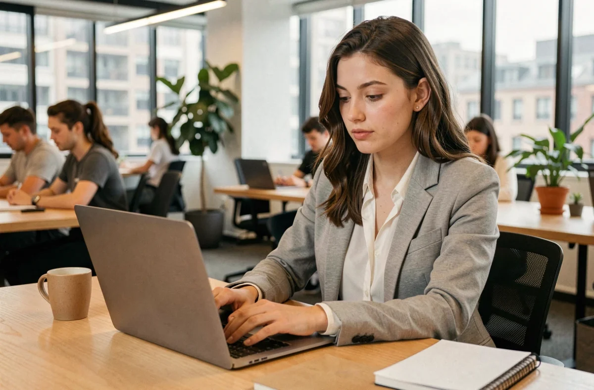 Étudiante française en blazer gris consultant une offre d'emploi sur son ordinateur portable dans un espace de co-working moderne