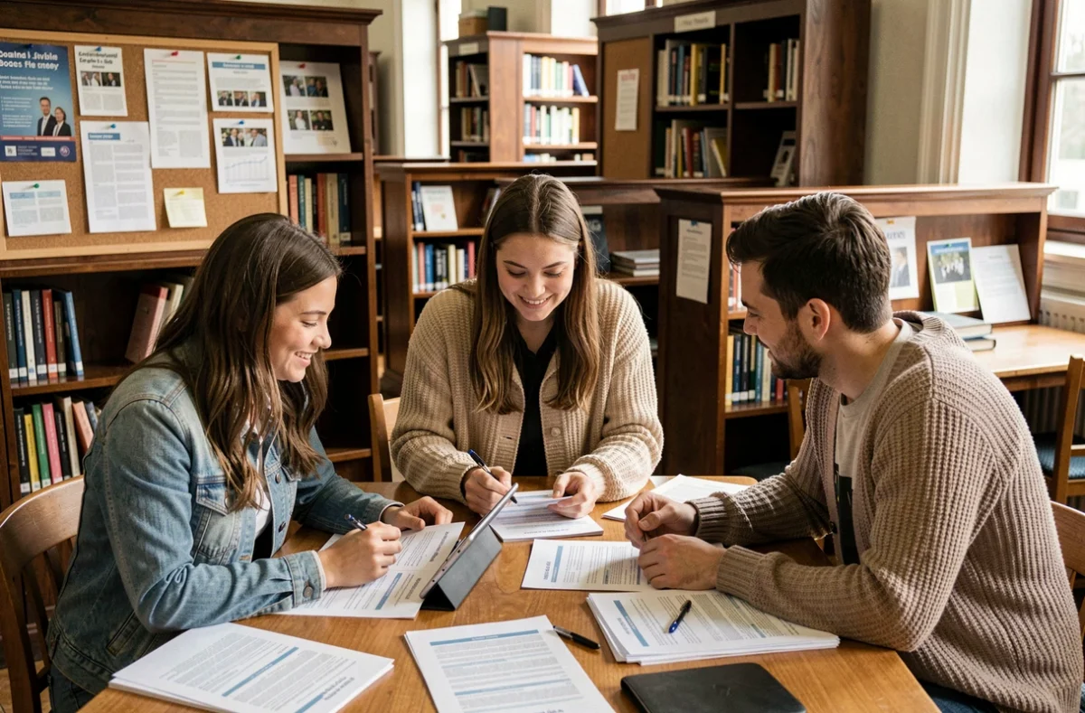 Groupe d'étudiants collaborant sur leurs candidatures et CVs dans une bibliothèque universitaire