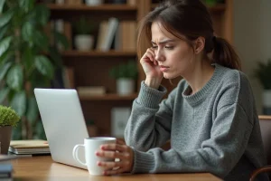 Femme frustrée devant son ordinateur après l'annulation d'une commande Zalando