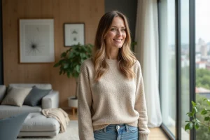 Femme dans un appartement moderne avec vue urbaine