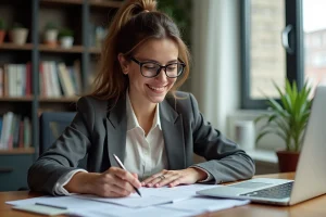 Femme d age moyenne vérifiant son budget mensuel dans un bureau moderne