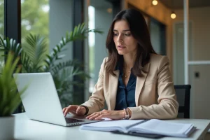 Femme en bureau moderne examinant des documents