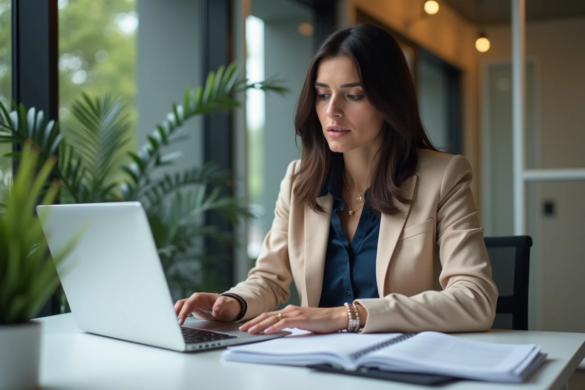 Femme en bureau moderne examinant des documents