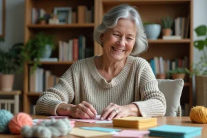 Femme d'âge moyen organisant des cartes faites main dans un intérieur cosy