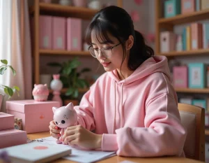 Jeune femme déballant des produits exclusifs PinkGeek en édition limitée dans une chambre décorée de figurines et de merchandising geek rose