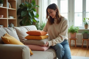 Jeune femme arrangeant des coussins colorés sur un canapé moderne