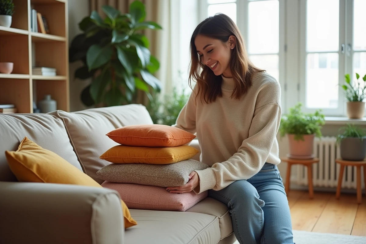 Jeune femme arrangeant des coussins colorés sur un canapé moderne