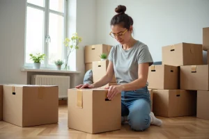Femme en train d'emballer des cartons de déménagement dans un salon avec du parquet et des boîtes en carton empilées contre le mur