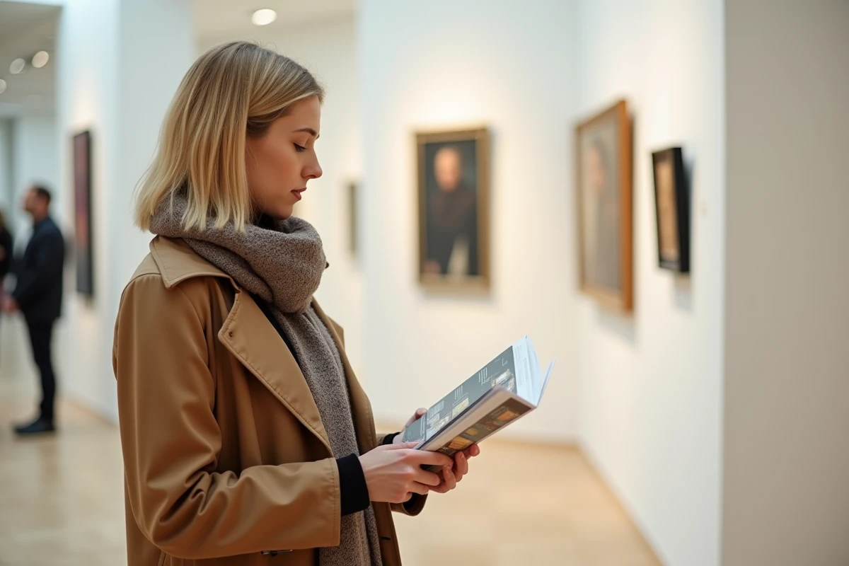 Jeune femme lisant dans une galerie d