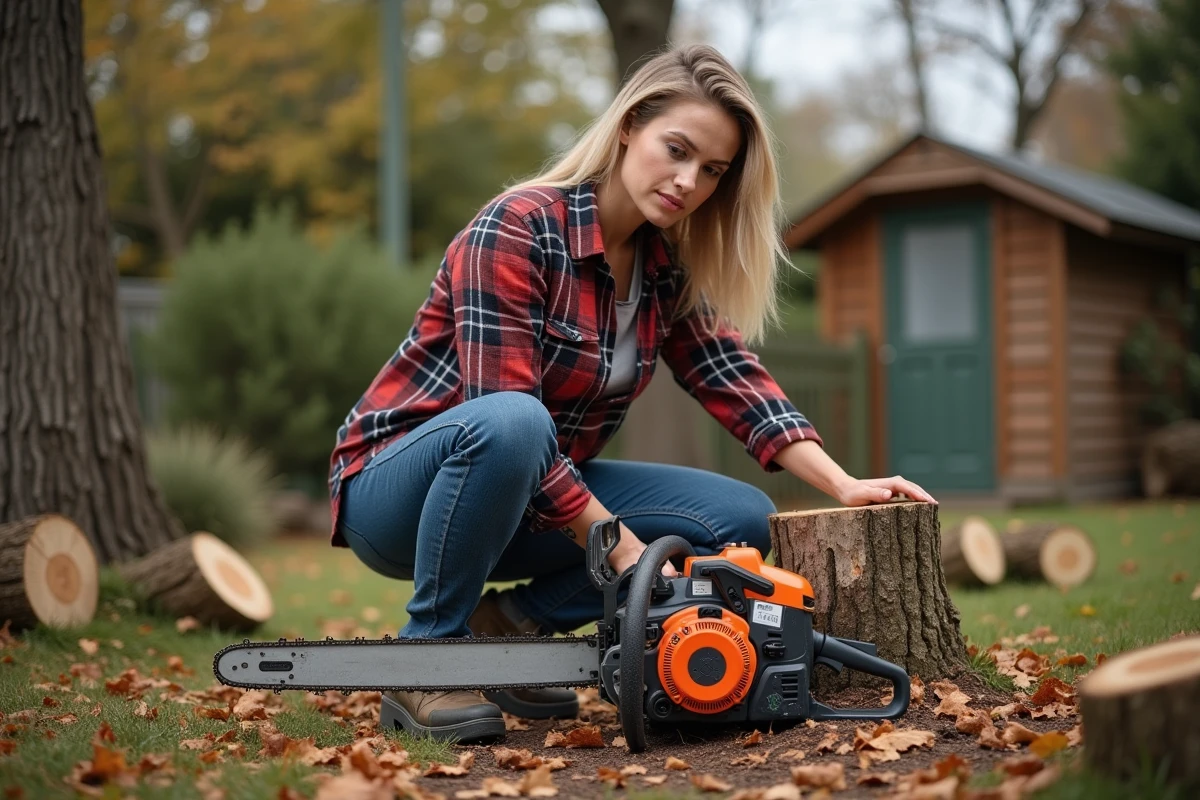 Femme inspectant une tronçonneuse électrique compacte dans un jardin résidentiel en automne