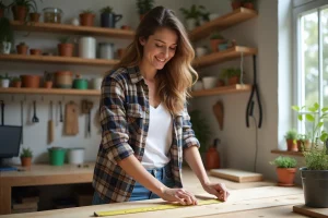 Femme mesurant un bois dans un atelier lumineux