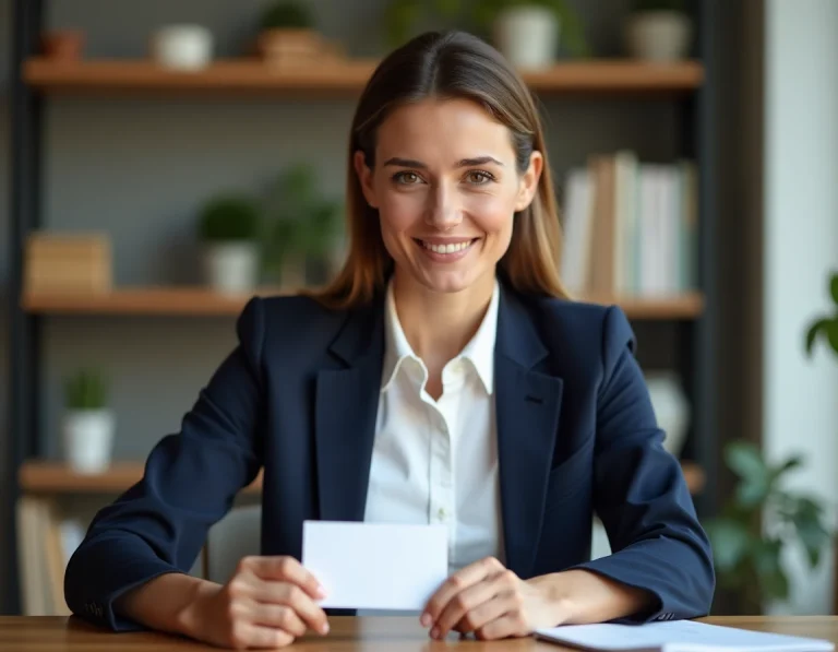 Femme professionnelle tenant une carte de visite France Travail à un bureau en bois dans un espace de coworking moderne