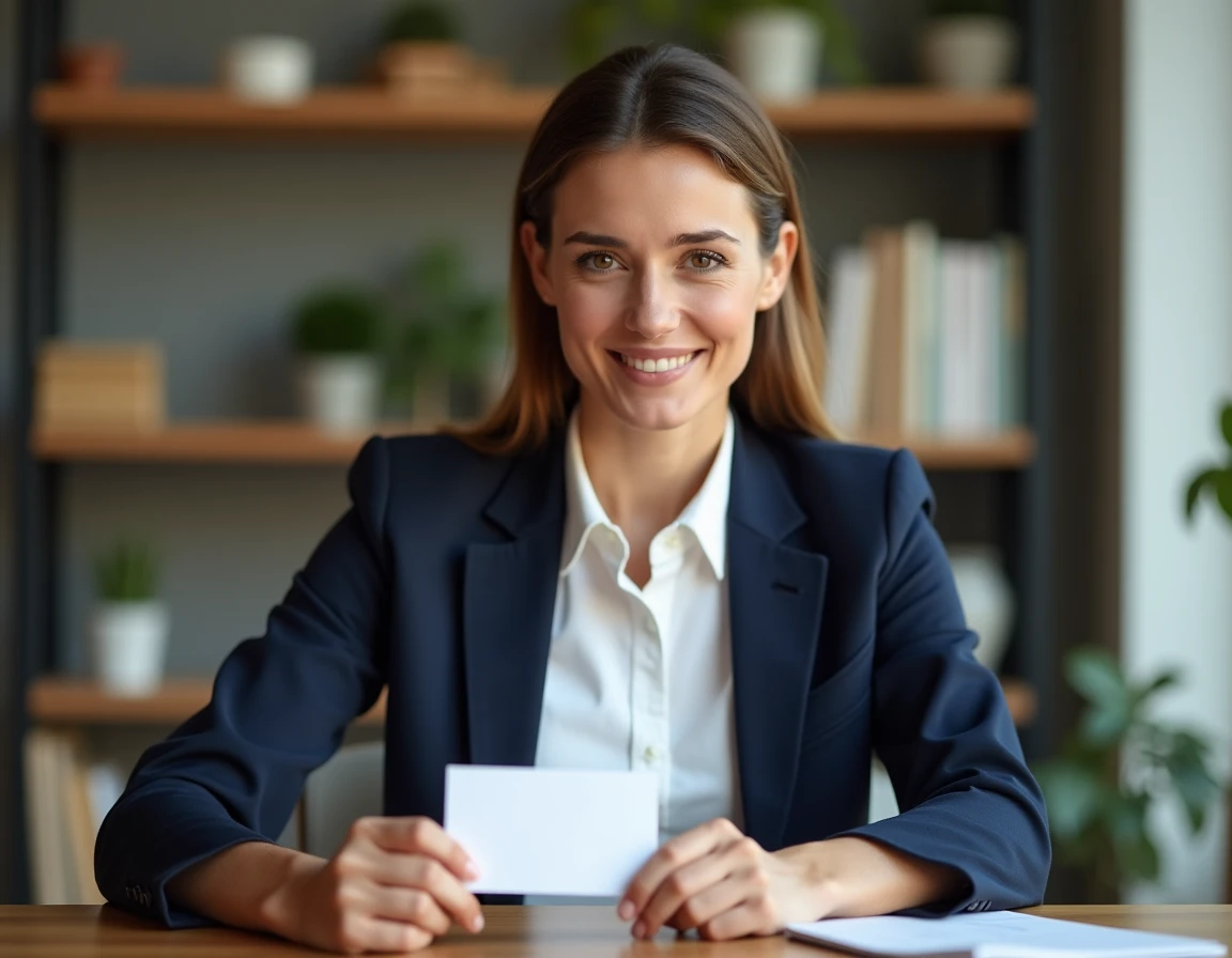 Femme professionnelle tenant une carte de visite France Travail à un bureau en bois dans un espace de coworking moderne
