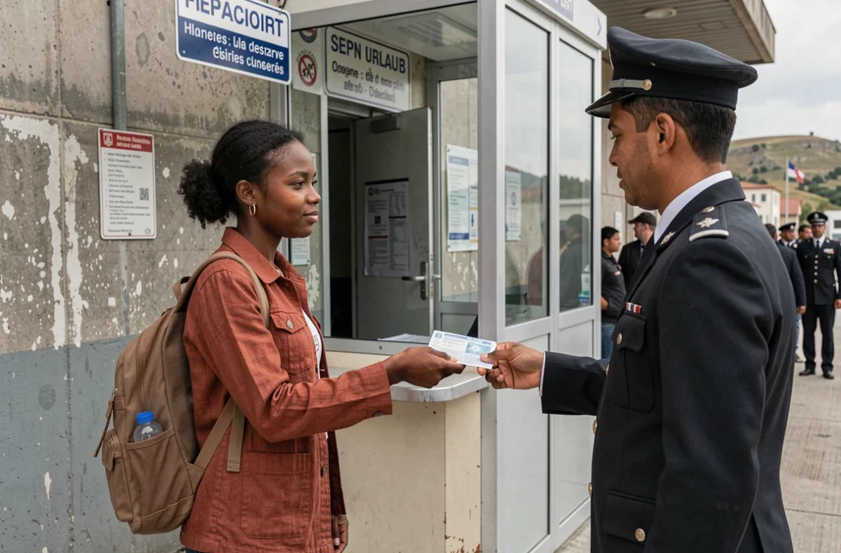 Femme réfugiée présentant son passeport réfugié français à un poste-frontière européen lors d'un voyage sans visa