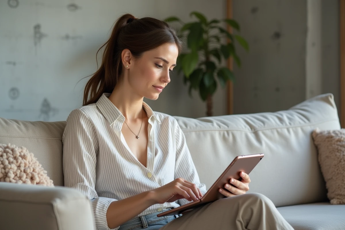 Femme consultant le service client Zalando sur une tablette après annulation de commande
