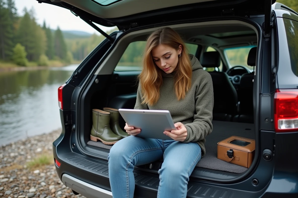 Jeune femme vérifiant ses notes de pêche sur une tablette dans le coffre de son SUV
