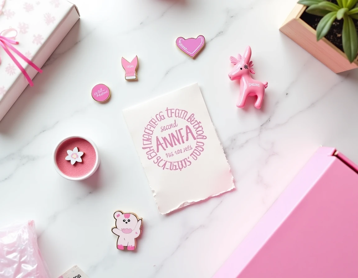 Flat lay de produits PinkGeek en édition limitée incluant figurines émaillées et packaging holographique sur fond de marbre blanc