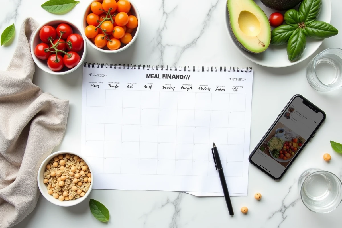 Vue de dessus d'un planning de menus hebdomadaire manuscrit entouré d'ingrédients colorés, de bols de légumineuses et d'un smartphone affichant des idées de recettes sur un comptoir en marbre blanc