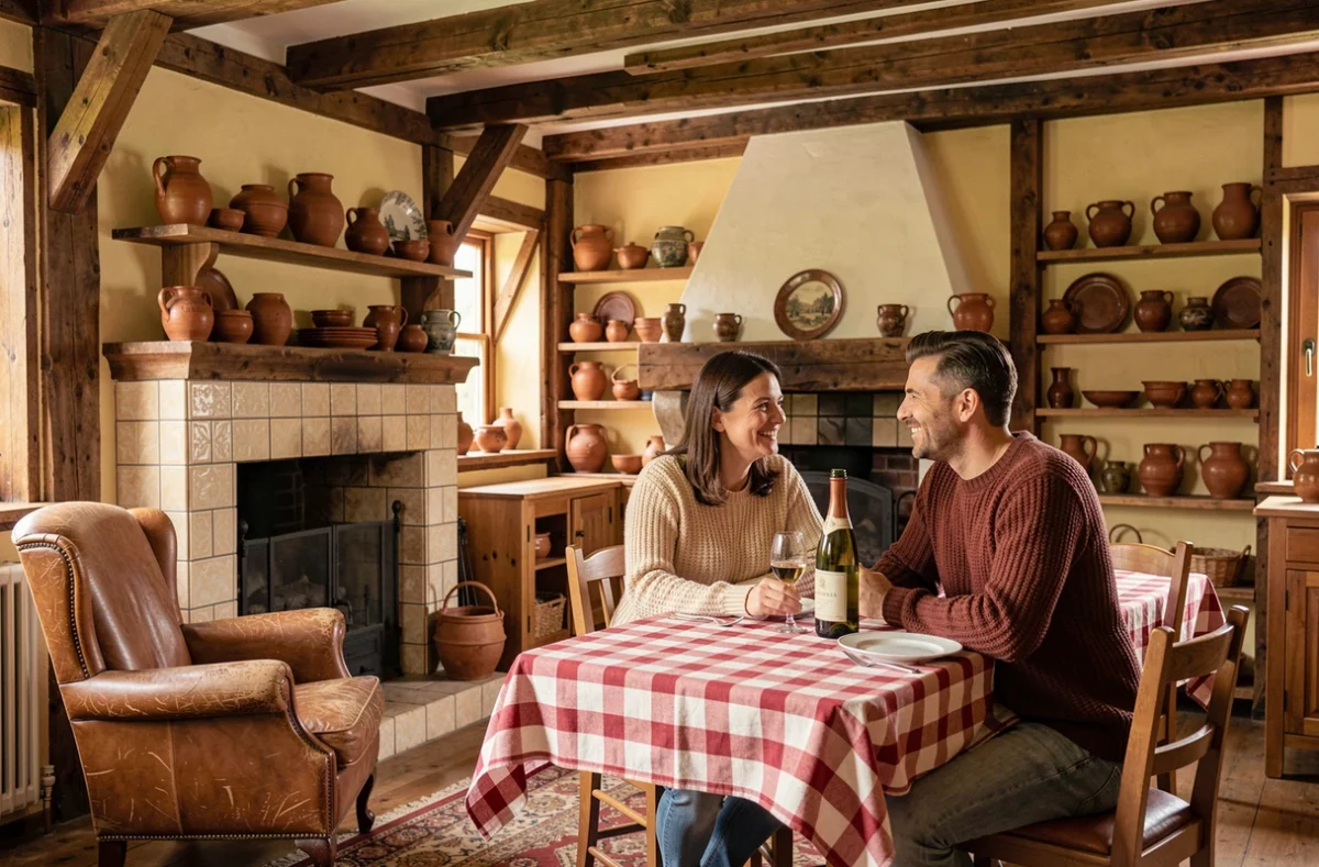 Intérieur chaleureux d'un gîte alsacien avec un couple partageant un vin blanc autour d'une table en bois dans un décor traditionnel à colombages