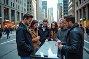 Groupe de jeunes et adultes autour d'une carte interactive en ville