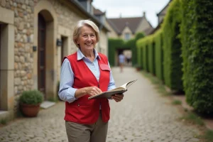Femme souriante en gilet de bénévole Puy du Fou