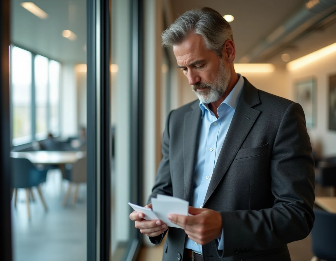 Homme en costume tenant des cartes de visite dans une agence France Travail, ambiance professionnelle et réaliste