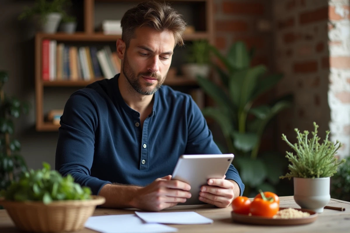 Homme consultant une application de planification de repas sur tablette avec des fiches recettes et des légumes de saison étalés sur une table en bois rustique
