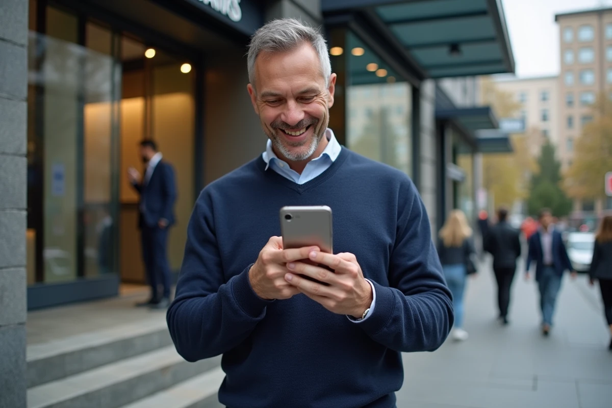 Homme d âge moyen consulte ses finances devant une banque en ville
